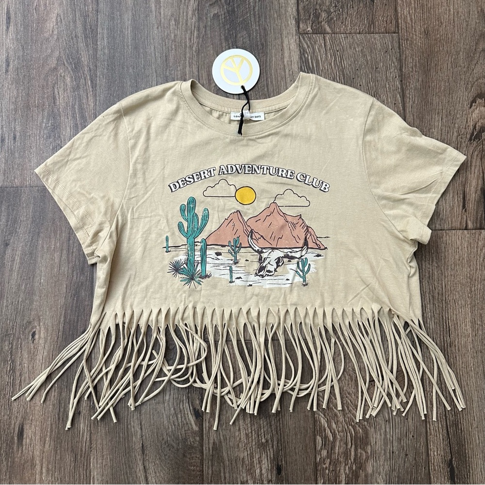 Love Peace & Lazy Days Fringe Cotton Crop Top Desert Adventures Festival Boho L